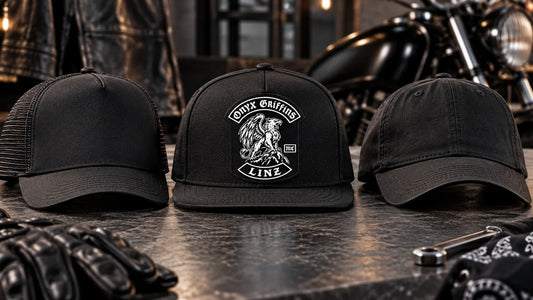 Onyx Griffins editorial scene illustrating custom motorcycle club hat identity, logo approval, placement, color consistency, member use and production proofing: featured.