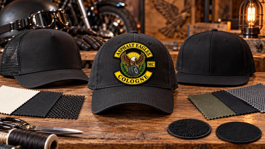 Asphalt Eagles editorial scene illustrating custom motorcycle club hat styles, materials, embroidery, woven patches, print, fit, durability and logo craftsmanship: featured.