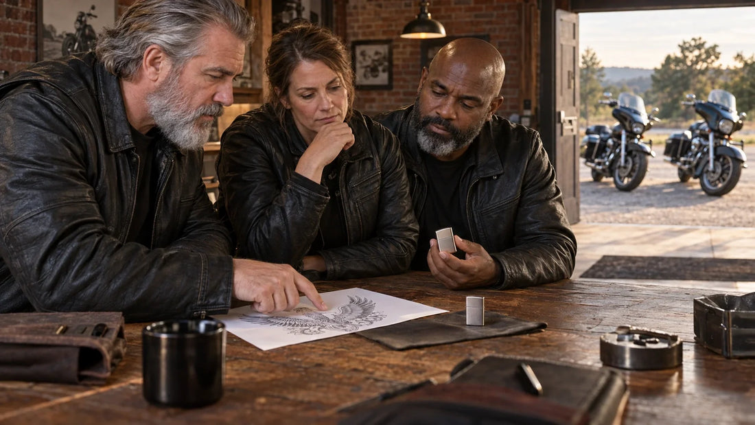 Motorcycle club organizers comparing a custom metal lighter sample and artwork proof at a clubhouse table.