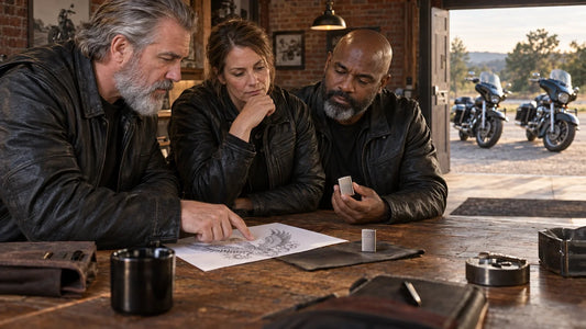 Motorcycle club organizers comparing a custom metal lighter sample and artwork proof at a clubhouse table.