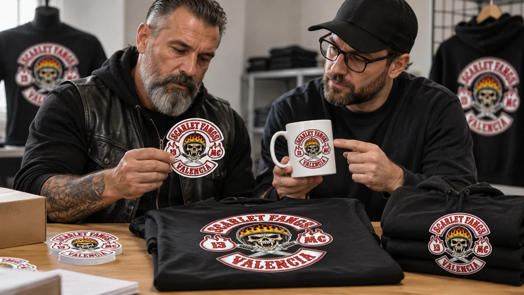 Scarlet Fangs editorial scene illustrating planning authorized motorcycle club merchandise across mugs, stickers and apparel: featured.