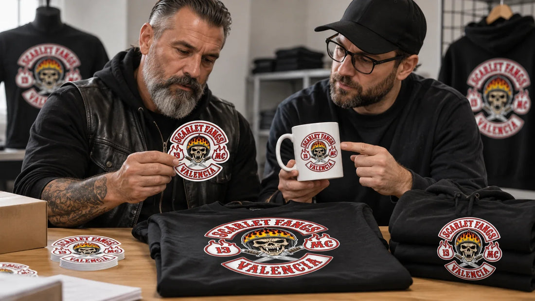 Scarlet Fangs editorial scene illustrating planning authorized motorcycle club merchandise across mugs, stickers and apparel: featured.