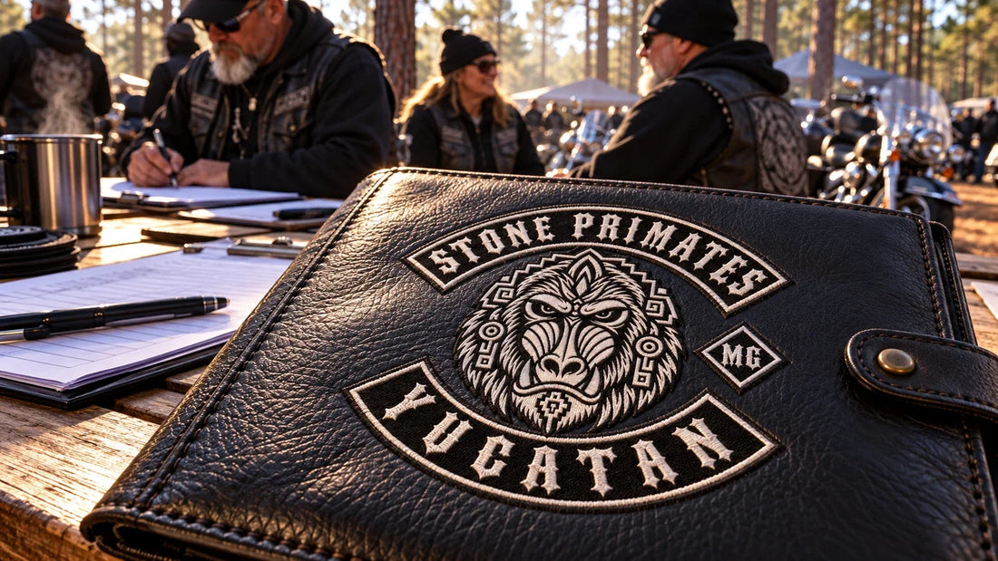 Stone Primates Yucatan motorcycle club logo embroidered into a name badge at a winter rally registration table.