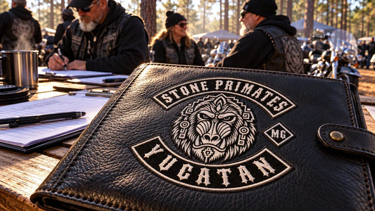 Stone Primates Yucatan motorcycle club logo embroidered into a name badge at a winter rally registration table.