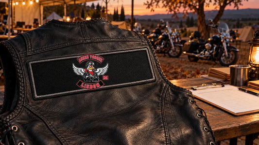 Abrazamillas 2026 registration table with an Ashen Torque Lisbon logo directly embroidered on a custom motorcycle club name bar