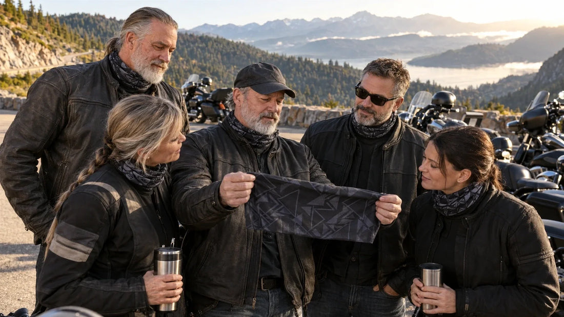 Mature motorcycle club riders reviewing custom neck gaiters during a group ride stop.