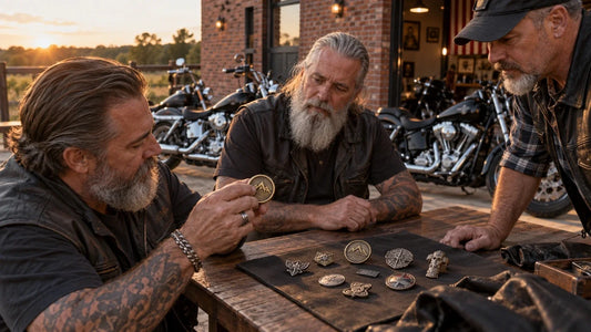 Motorcycle club organizers reviewing custom metal pins and badges at a clubhouse table.