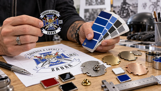Courage Loyalty editorial scene illustrating club pin materials, hard enamel, soft enamel, die struck finishes, screen print, detail limits and proof comparison: featured.