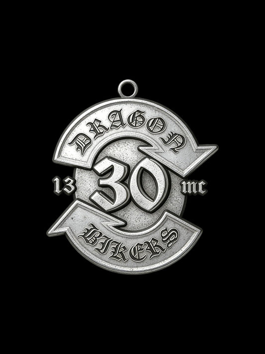 Custom motorcycle club milestone number pendant front view