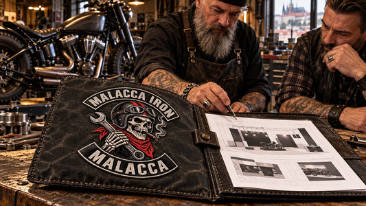 Malacca Iron club logo embroidered into a curved rocker patch on an application folio while builders plan a show entry.