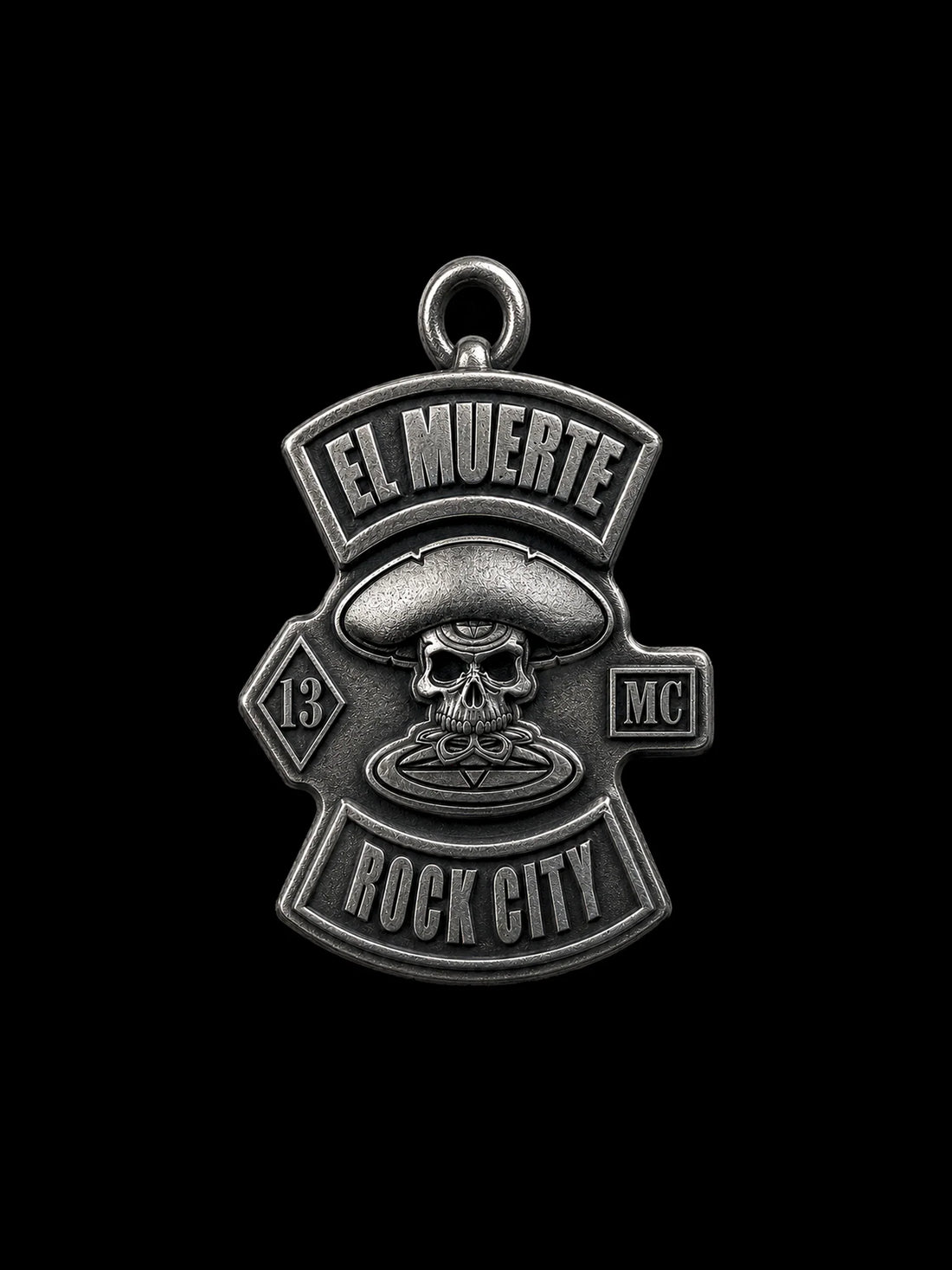 Front view of a custom sombrero skull motorcycle club pendant reference