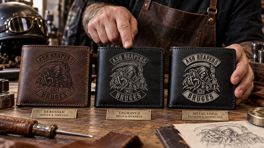 Ash Reapers editorial scene illustrating debossed, engraved and metal logo methods for custom biker wallets, durability, detail and approval: featured.