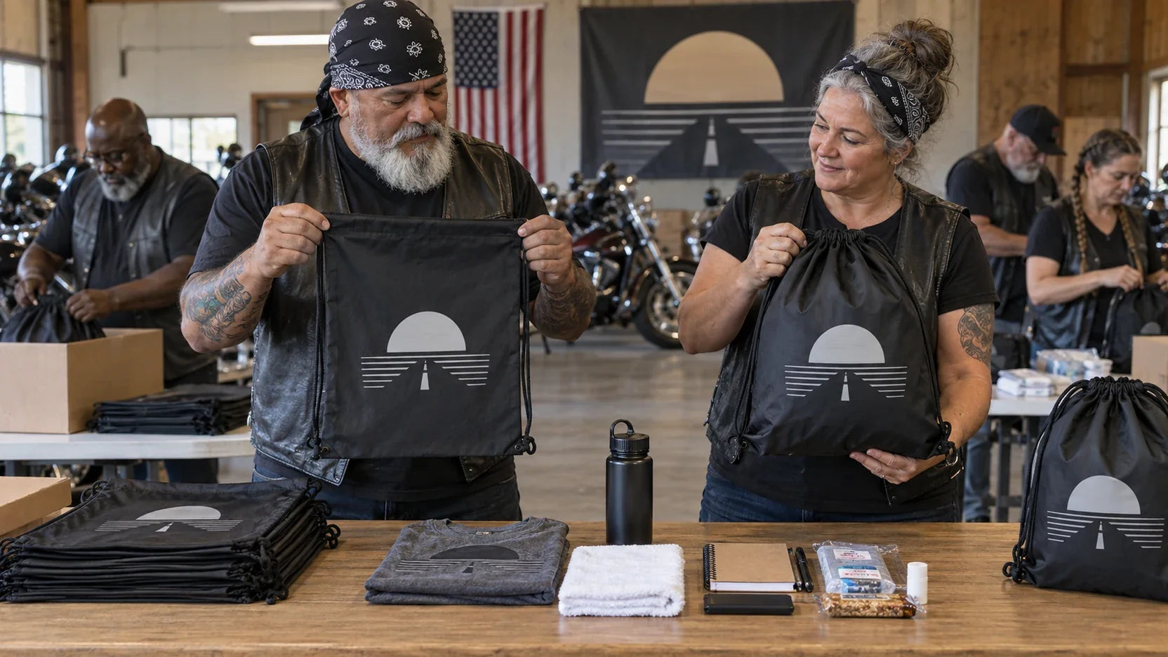 Club organizers review custom drawstring bag samples for how to size a drawstring bag around an actual event pack.