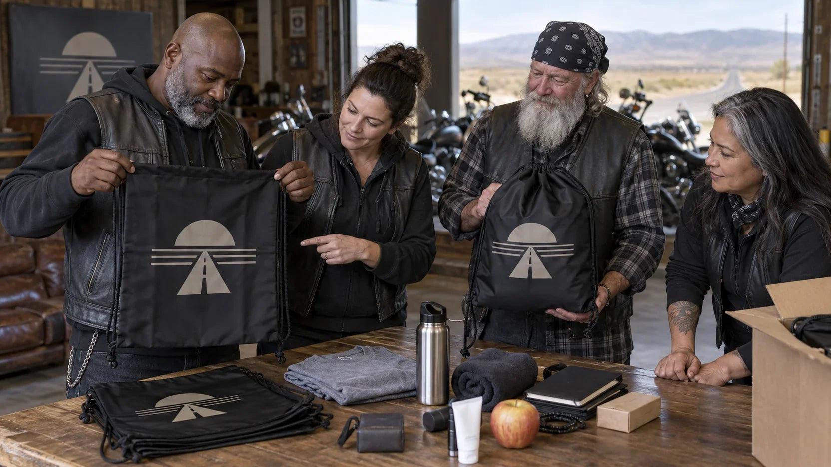 Club organizers review custom drawstring bag samples for how to keep a club logo visible on a filled drawstring bag.