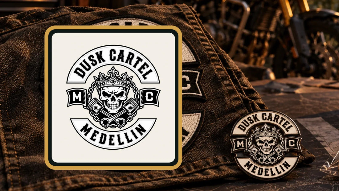 Dusk Cartel Medellin exact authorized club logo mounted on a rally-readiness patch and badge board.