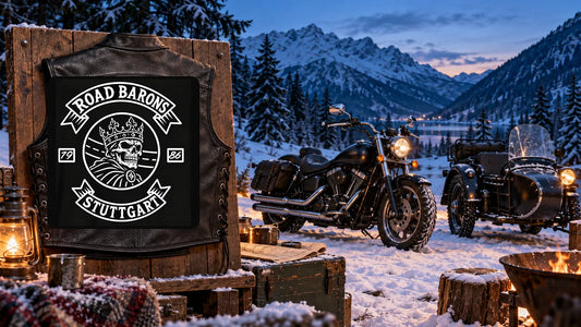 Road Barons Stuttgart motorcycle club back patch on a winter rally vest display beside a snow-covered V-twin motorcycle.