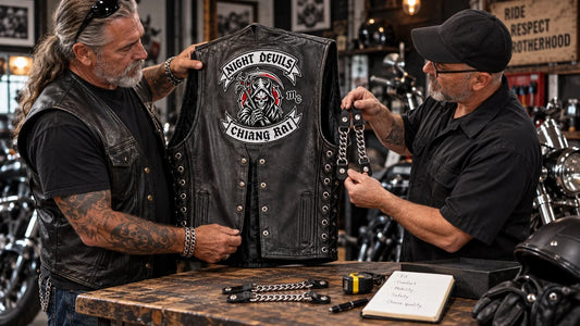 Night Devils editorial scene illustrating motorcycle vest extender fit, hardware, spacing, styling and riding safety checks: featured.