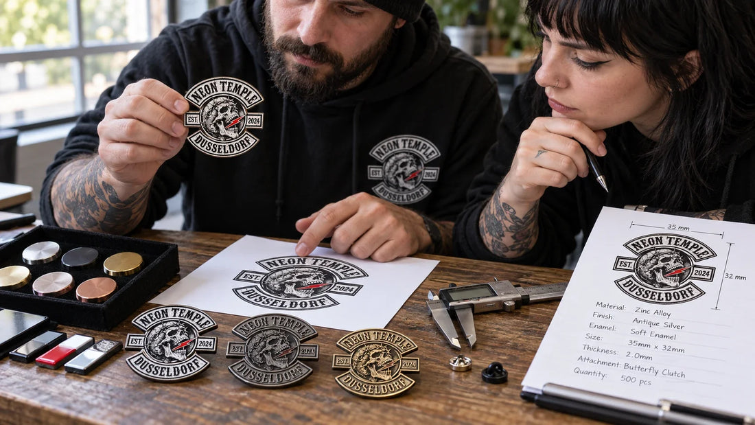 Neon Temple riders review featured materials for How to Choose an Enamel Pin Vendor.