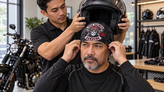 Iron Helmets editorial scene illustrating wearing a bandana under a motorcycle helmet: featured.