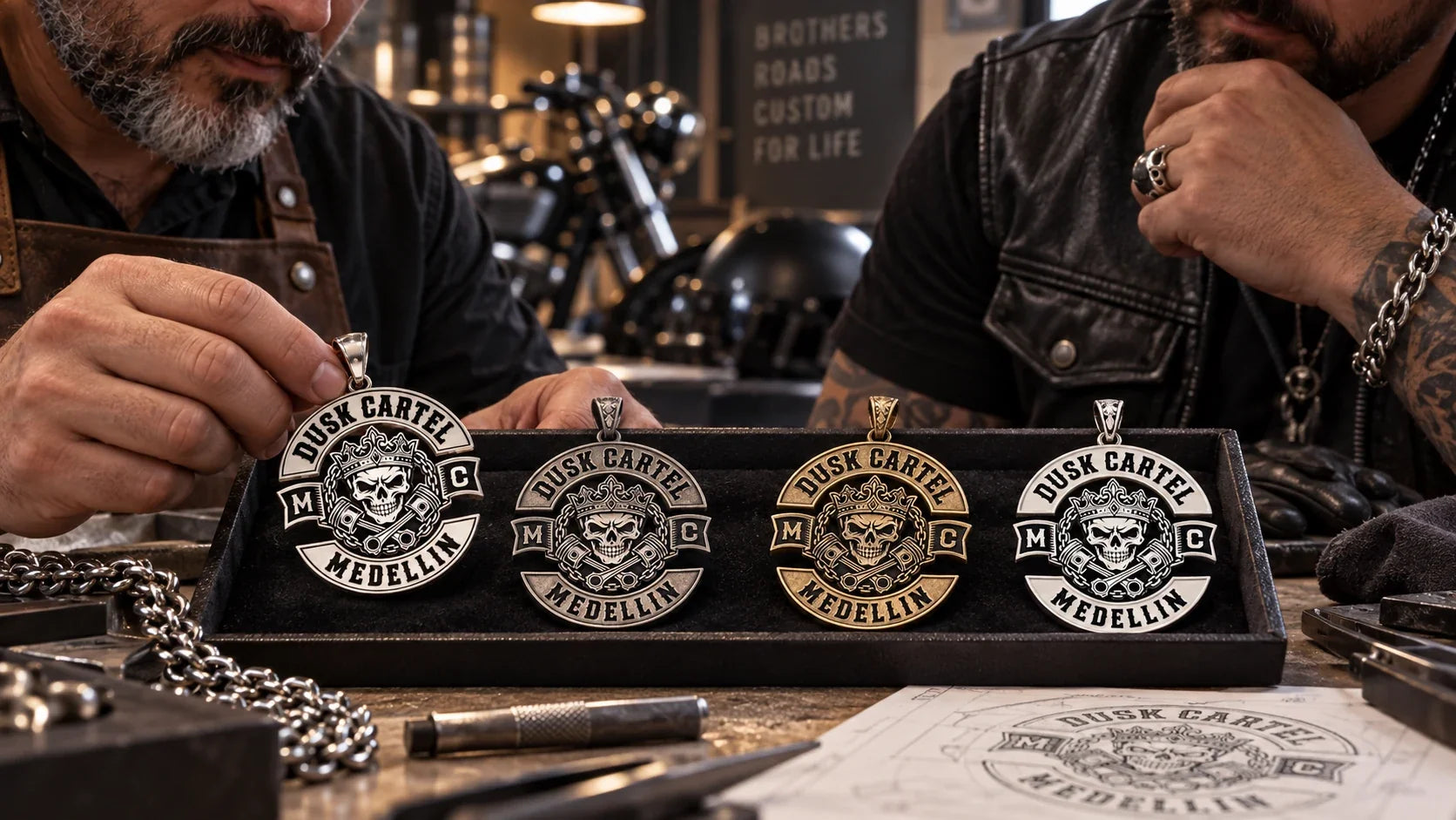Dusk Cartel editorial scene illustrating motorcycle club pendant styles, metals, relief, enamel, attachment and authorized customization: featured.