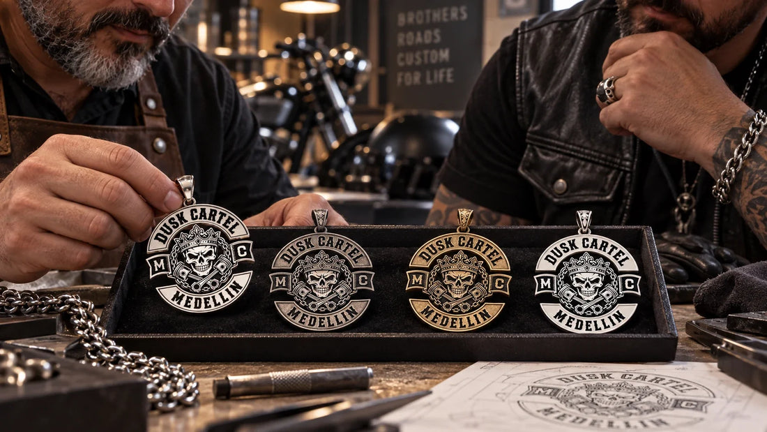 Dusk Cartel editorial scene illustrating motorcycle club pendant styles, metals, relief, enamel, attachment and authorized customization: featured.