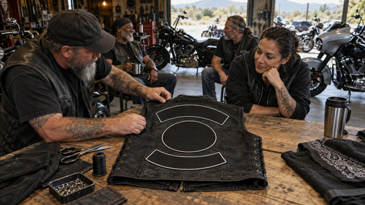 Unbranded black motorcycle club vest with an original blank three-part patch layout on a workshop table with mature club riders and multiple unbranded heavyweight V-twin cruisers.
