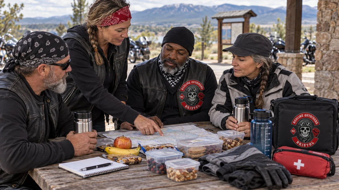 Redline Outriders riders review featured materials for Motorcycle Road-Trip Food: Hydration and Meal Planning.