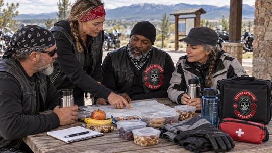 Redline Outriders riders review featured materials for Motorcycle Road-Trip Food: Hydration and Meal Planning.