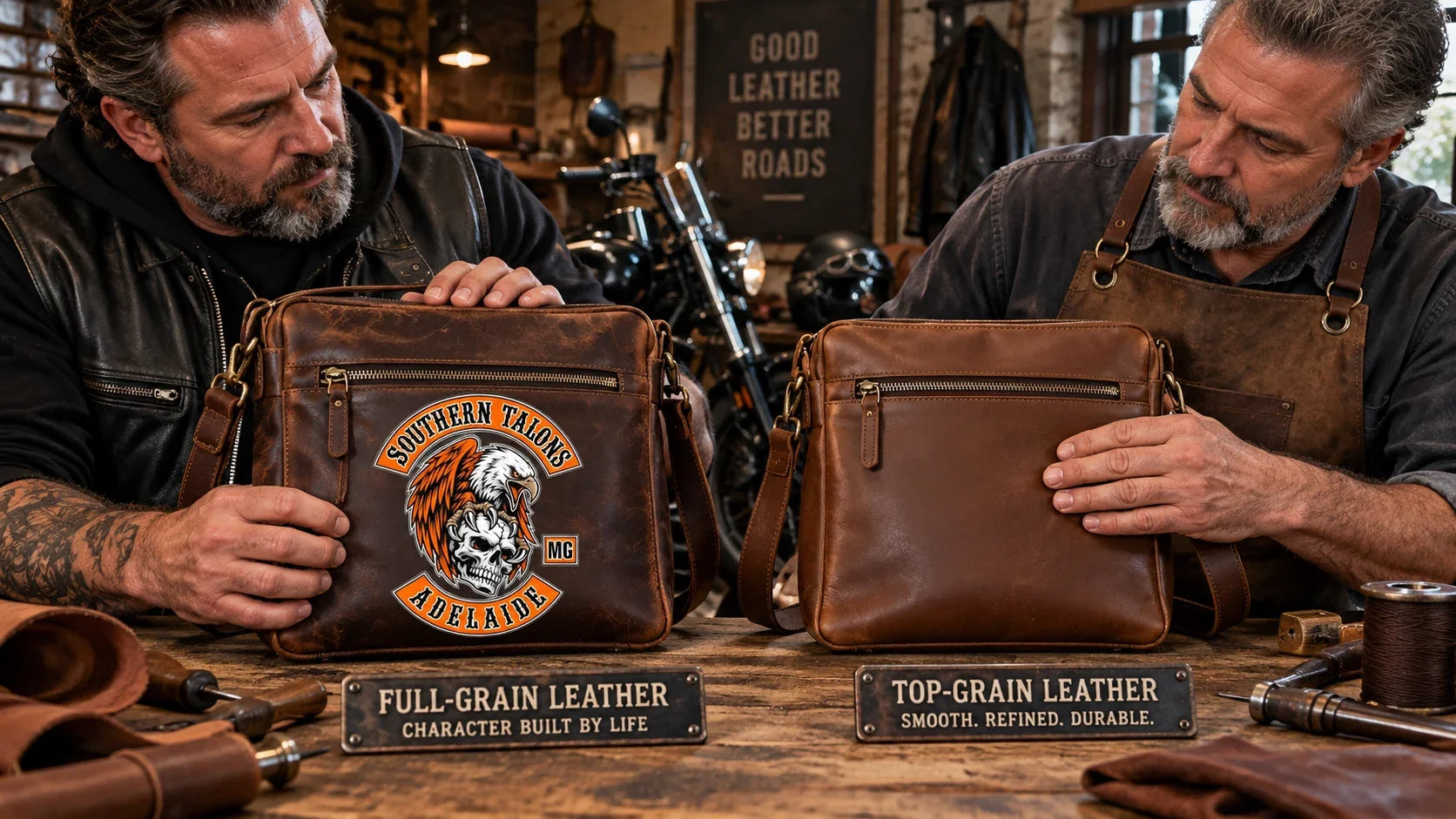 Southern Talons editorial scene illustrating full-grain versus top-grain leather crossbody bags, surface character, durability, finish, care and value: featured.