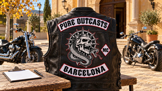 Pure Outcasts Barcelona back-patch set correctly arranged on a black club vest beside a blank registration clipboard and parked V-twin motorcycles.