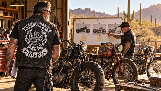 Club coordinators classify vintage motorcycles beside a vest with an embroidered Night Wardens Phoenix back patch.