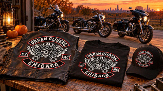 Urban Gliders Chicago club gear arranged for a Halloween motorcycle ride costume safety check at dusk.