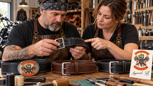 Burning Hatchets editorial scene illustrating how to inspect biker belt buckle attachment, stitching, edges, holes, keeper and closure alignment: featured.