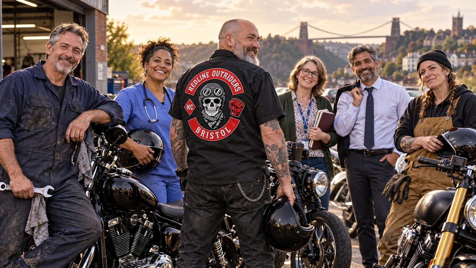 Redline Outriders editorial scene illustrating diverse ordinary occupations held by motorcycle riders: featured.