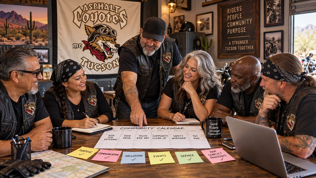 Asphalt Coyotes editorial scene illustrating healthy motorcycle club community building, purpose, communication, inclusion, events, service and conflict processes: featured.