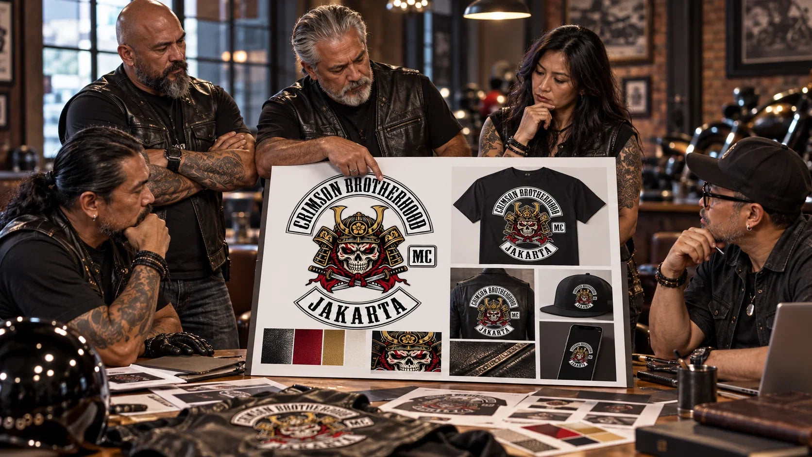 Crimson Brotherhood editorial scene illustrating motorcycle club brand system, consistency and identity governance: featured.