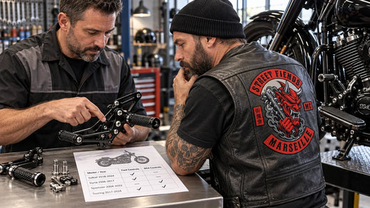 Street Fiends editorial scene illustrating motorcycle foot control compatibility, model year, mounting pattern, linkage, clearance and installation checks: featured.