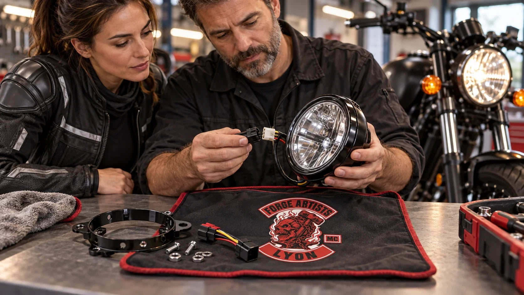 Forge Artists editorial scene illustrating motorcycle lighting fitment, voltage, connectors, beam pattern and legal-use checks: featured.