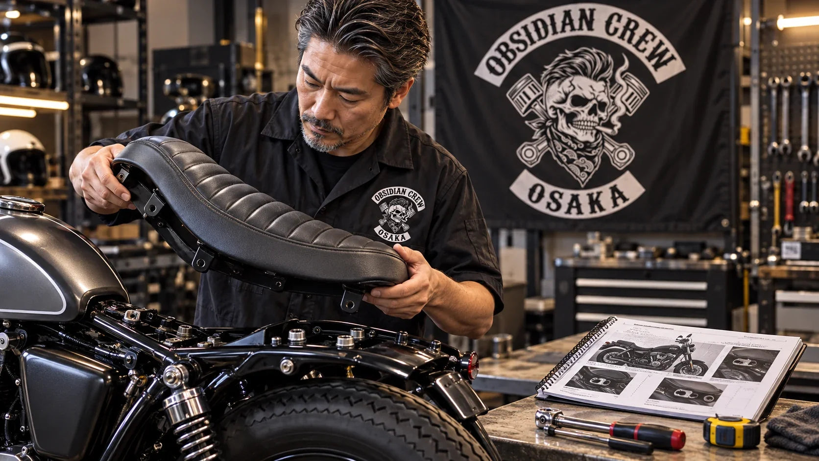 Obsidian Crew editorial scene illustrating motorcycle seat compatibility, mounting points and model-year verification: featured.