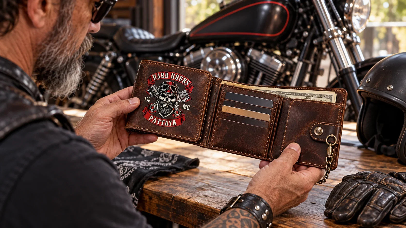 Hard Hours editorial scene illustrating biker wallet layout, access, capacity and secure carry method: featured.