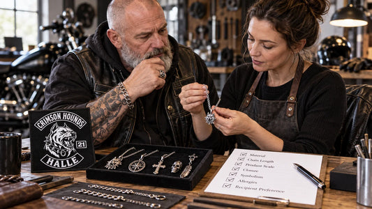 Crimson Hounds editorial scene illustrating how to choose a biker necklace gift by material, chain length, pendant scale, closure, symbolism, allergies and recipient preference: featured.