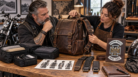 Roaming Wheels editorial scene illustrating how to choose a leather backpack gift by capacity, dimensions, strap fit, closure, weather needs, motorcycle carry method and recipient preference: featured.