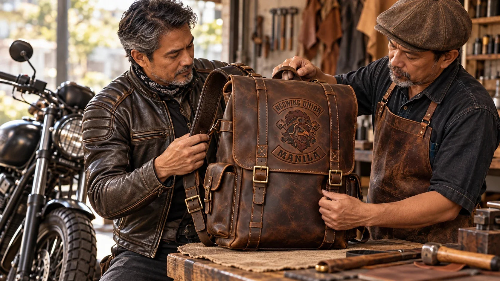 Redwing Union editorial scene illustrating motorcycle backpack fit, retention, weather protection and capacity: featured.