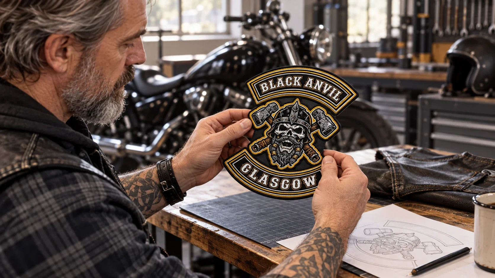Black Anvil editorial scene illustrating original motorcycle club patch design, legibility and authorization: featured.