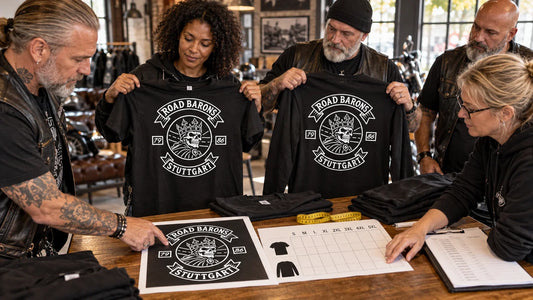 Road Barons editorial scene illustrating how to collect mixed motorcycle club T-shirt sizes using the exact garment size chart, sample fittings, format-specific roster fields, quantities and a frozen approval record: featured.