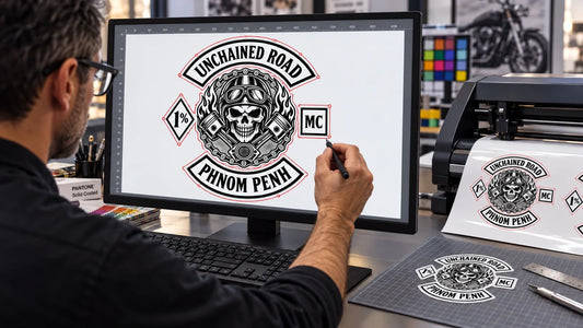 Unchained Road editorial scene illustrating club sticker cutline creation, vector paths, safe borders, small details, proofing and production approval: featured.