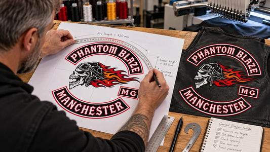 Phantom Blaze editorial scene illustrating how to fit long authorized chapter text into a curved rocker using exact wording, usable arc length, readable letter height, natural character width, border clearance and an actual-size sew-out: featured.