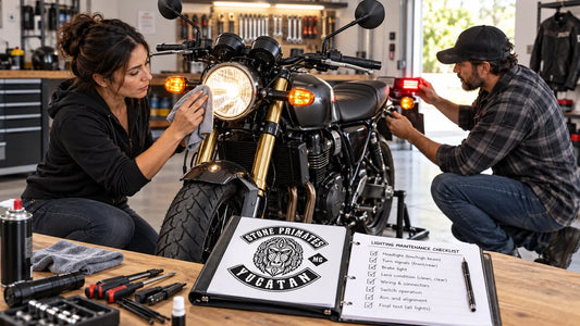 Stone Primates editorial scene illustrating how to inspect motorcycle headlights, running lights, brake lights, turn signals, auxiliary lamps, lenses, mounts, connectors, wiring and beam aim safely: featured.