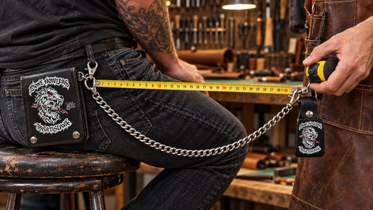 Bone Howlers editorial scene illustrating how to measure a biker wallet chain between the actual wallet and clothing attachment points, including both clasps, intended drape and standing and seated clearance: featured.