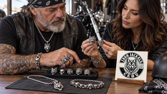 Iron Jackals editorial scene illustrating how to pair biker rings with pendants, bracelets and chains through a clear focal piece, coordinated metal tone, varied scale and comfortable movement: featured.